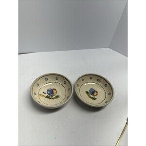 Vintage Studio Art Pottery Rooster Bowls Terracotta Base - Set of 2